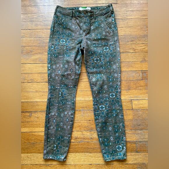 ANTHROPOLOGIE Boho Green/Brown Stretch Skinny Pants sz 28 - Picture 1 of 9